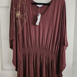 Fashion Bug Mauve Brown V-Neck Blouse with Gold Embellishment
